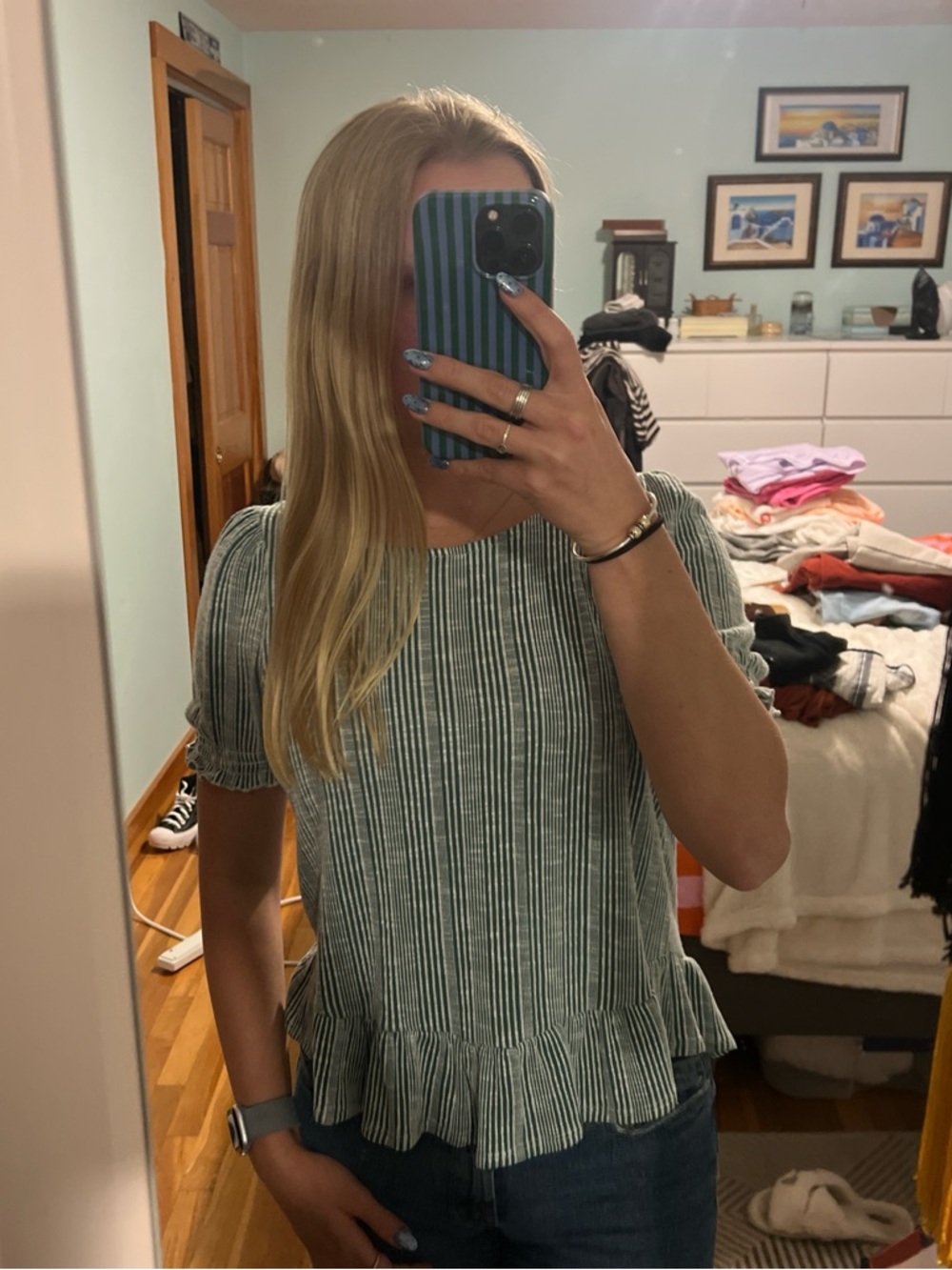 Striped Green Ruffle-Hem Women’s Knit Top